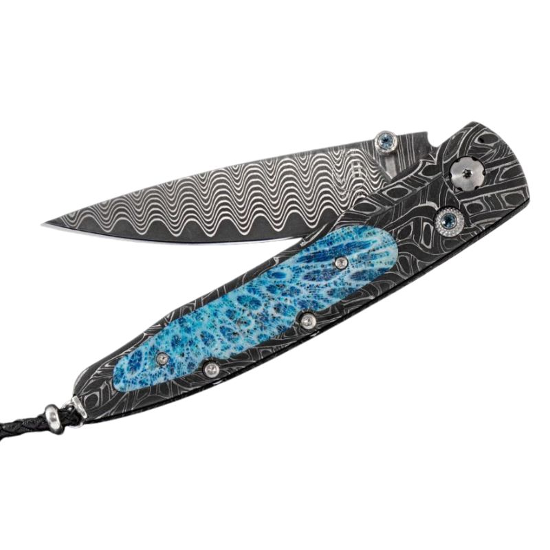 William Henry Lancet 'Blue Nile' Features A Beautiful Frame In Hand-Forged 'Brain Wave' Damascus By Chad Nichols  Inlaid With Fossil Coral